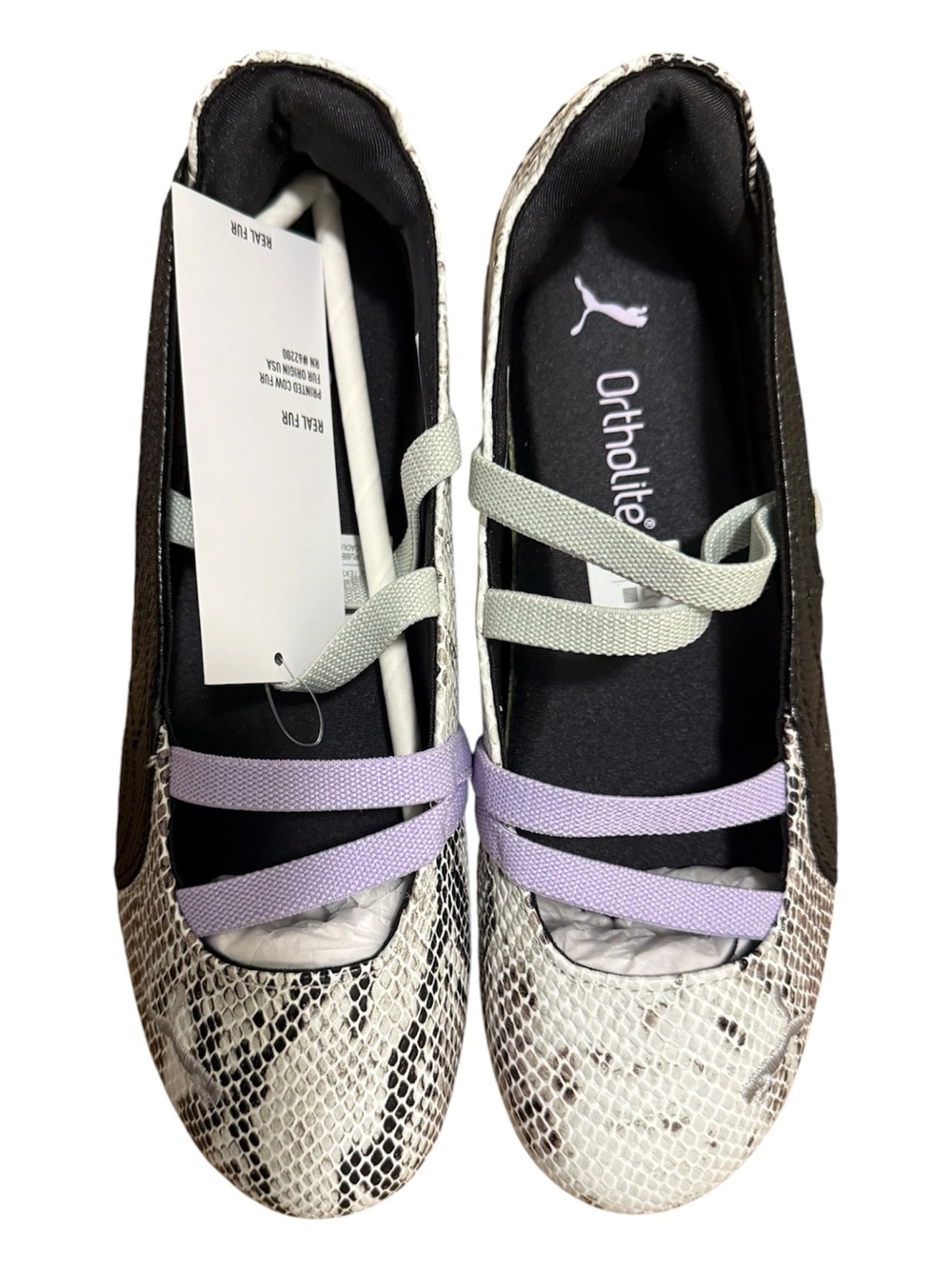 Puma Women's Snakeskin Ballet Flats with Lavender and Mint Straps